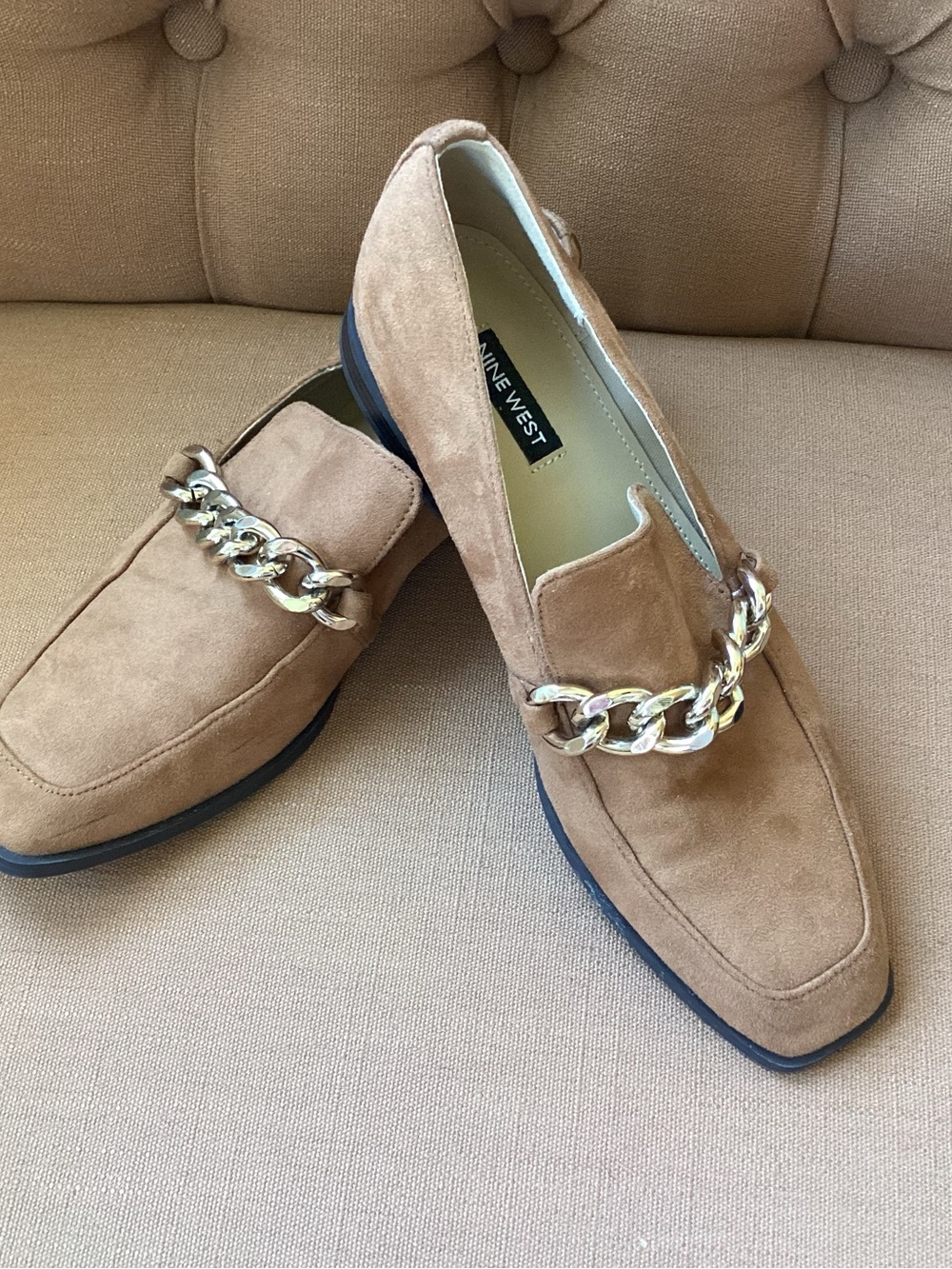 Nine West Brown Suede Loafers with Gold Chain Trim Women’s
